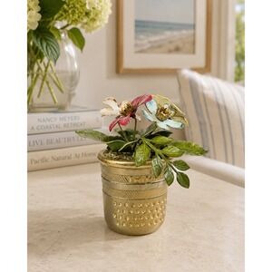 Vintage Gold Tone Thimble Miniature Flower Pot Enamel Floral Bouquet Figurine 3"